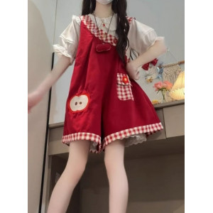 童趣格纹背带短裤女叠穿娃娃领上衣两件套