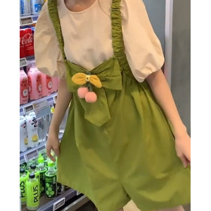 新款韩版小清新甜美减龄花朵背带裤+短袖上衣套装