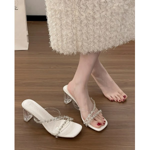 银色水钻水晶高跟一字拖鞋女夏季外穿